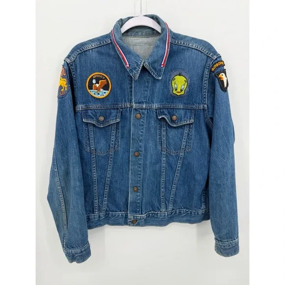 Vintage Denim Trucker Jacket Custom Mens Medium Patchwork One of a Kind - Picture 1 of 11